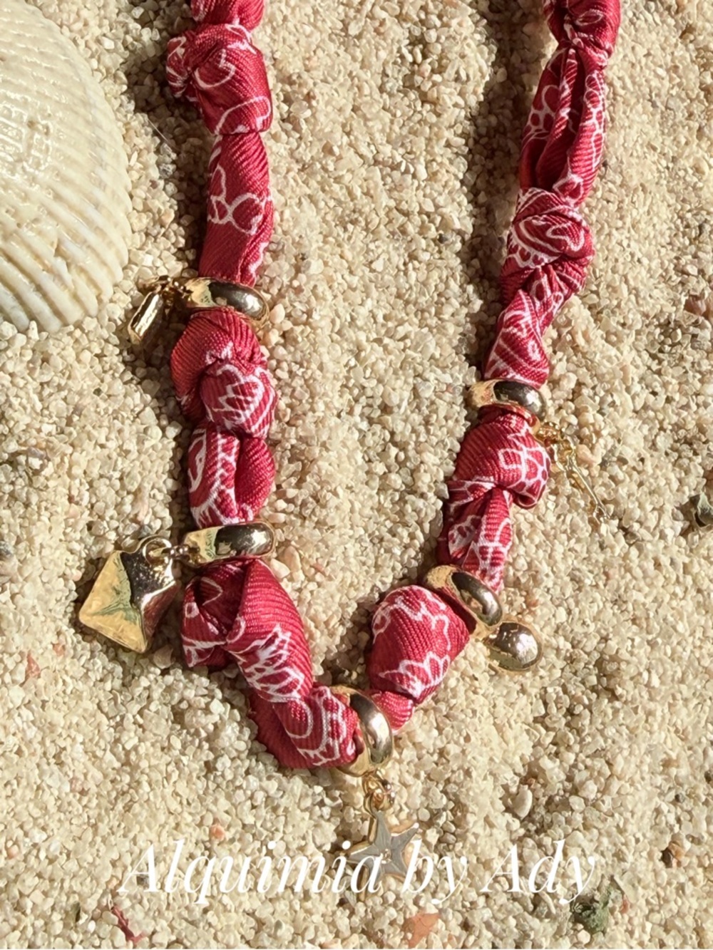 PASLEY Gold Floral Loop Pendants on red bandanna Cord